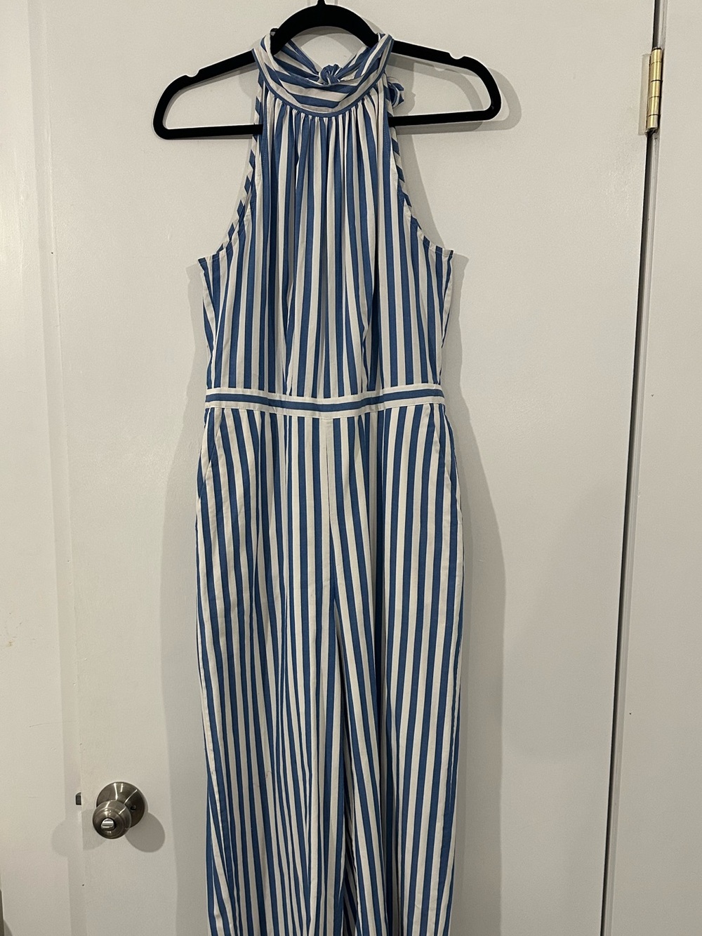 J. Crew Factory Blue and White Vertical Stripe Halter Jumpsuit